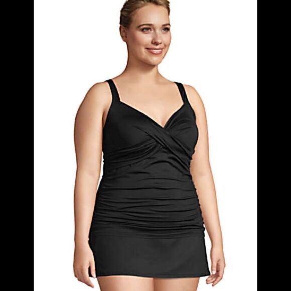 Land’s End Plus and Standard size V Neck wrap tankini top control Black Various - Picture 3 of 7